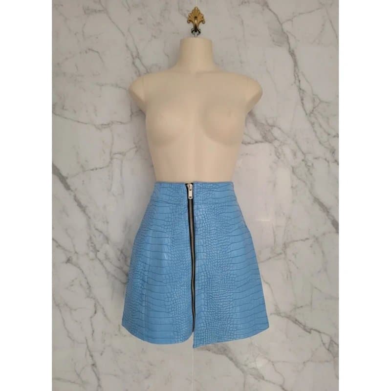 Bershka Bershka Baby Blue Faux Leather Croc Print Mini Skirt With Exposed Front Zip Detail - Size XS
