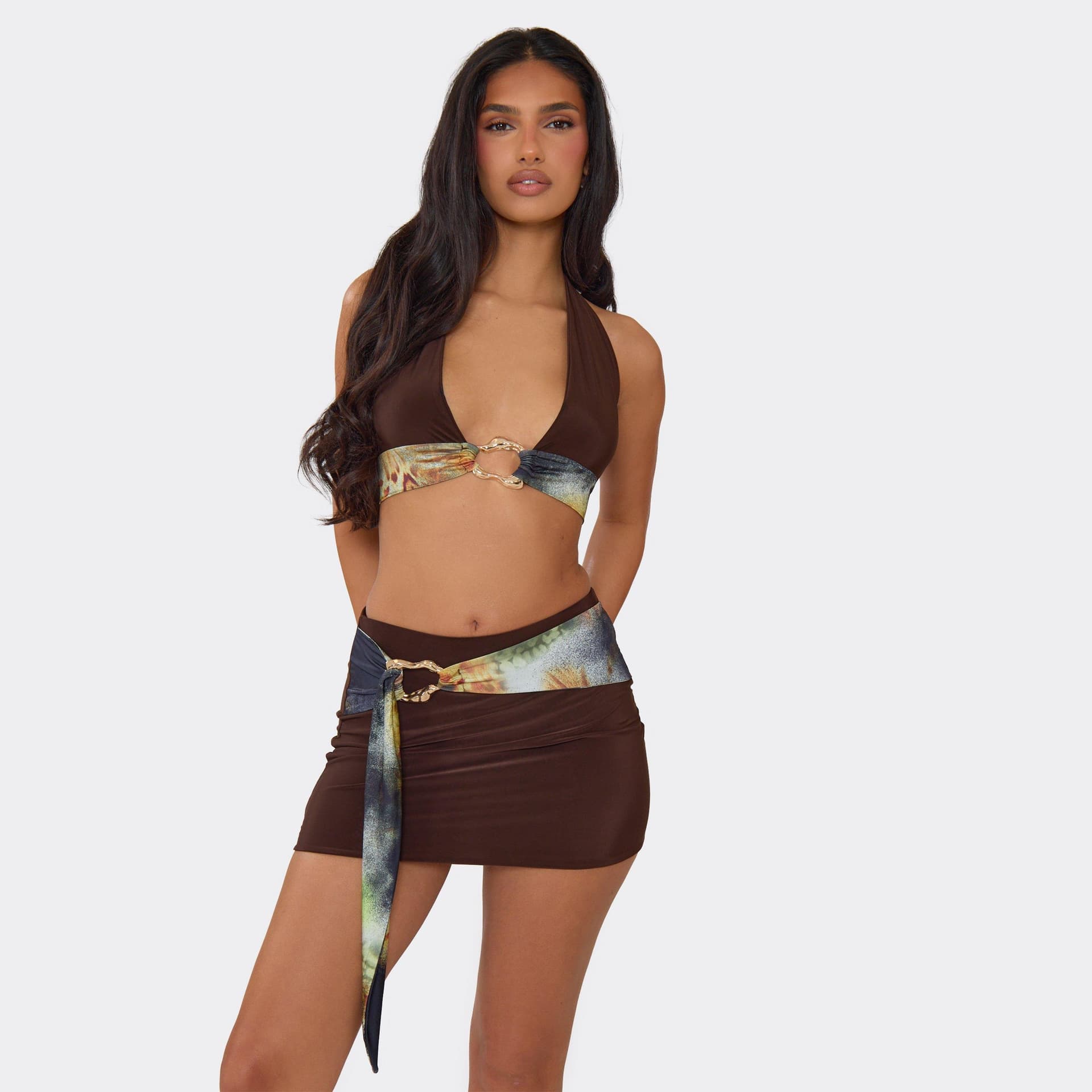 EGO Halterneck Ring Trim Detail Top In Chocolate Brown Printed Slinky, Women's Size UK 8