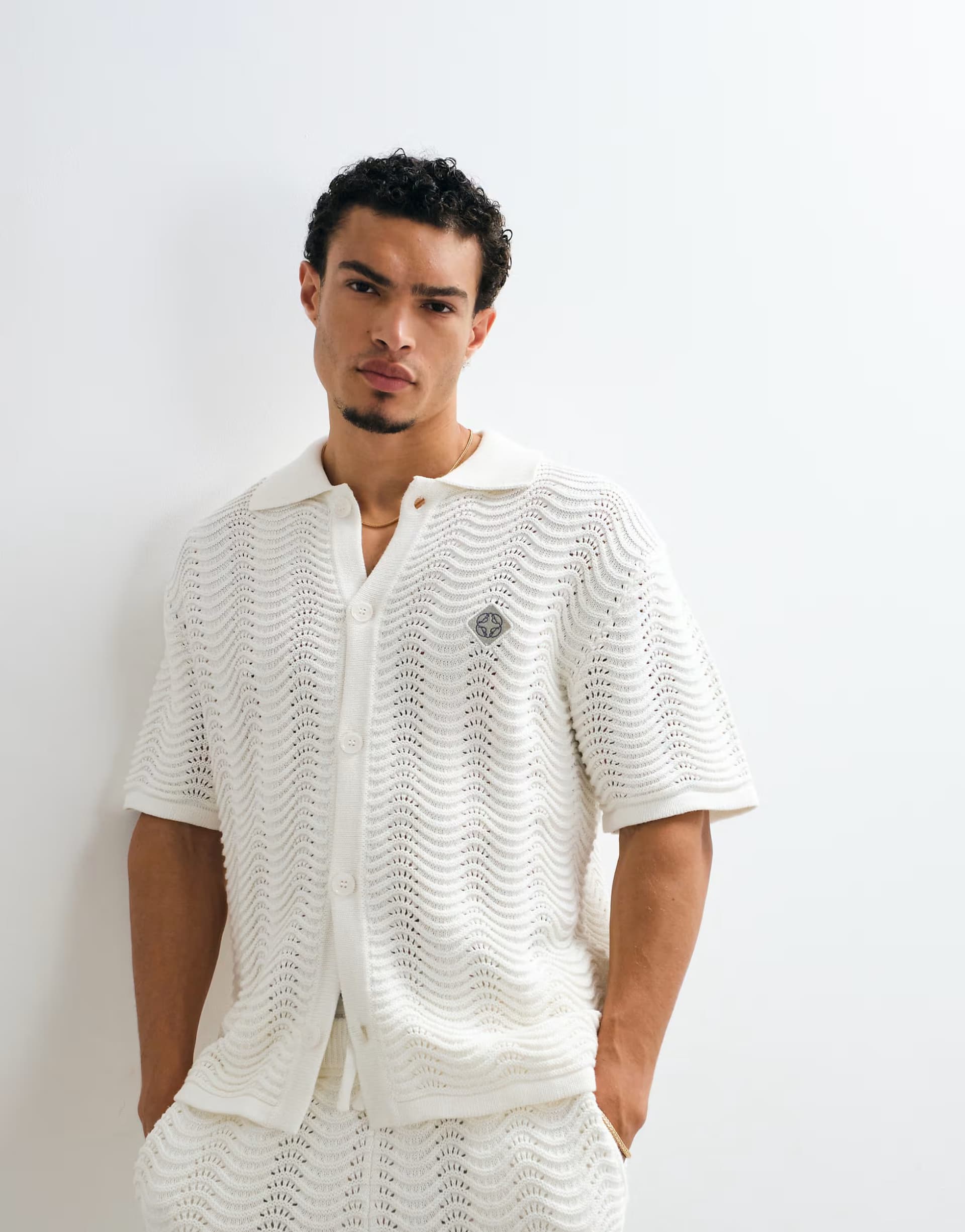 ASOS Belier ocean crochet knit shirt co-ord in white