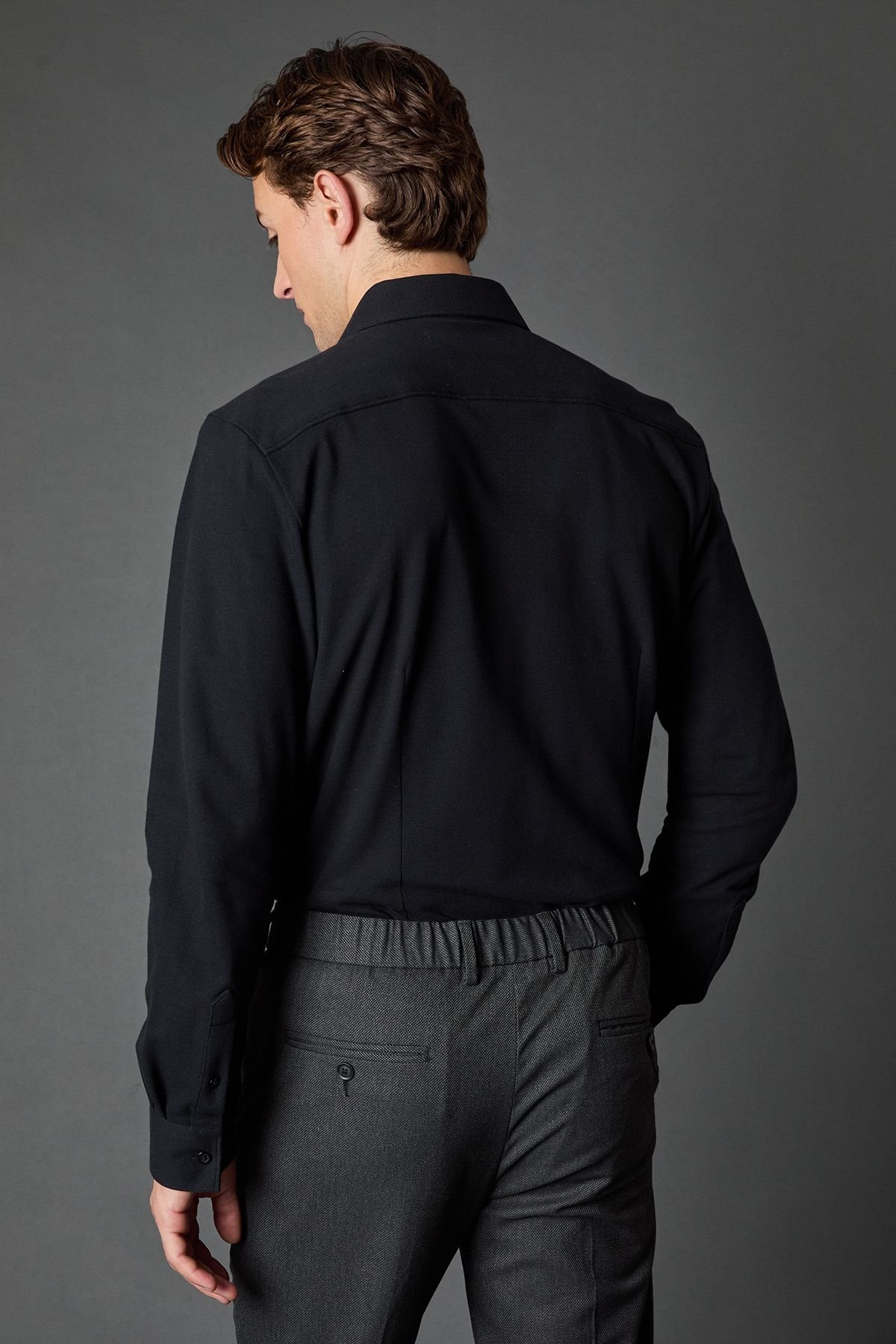 Burton Burton Men's Black Pique Slim Fit Long Sleeve Shirt - 3