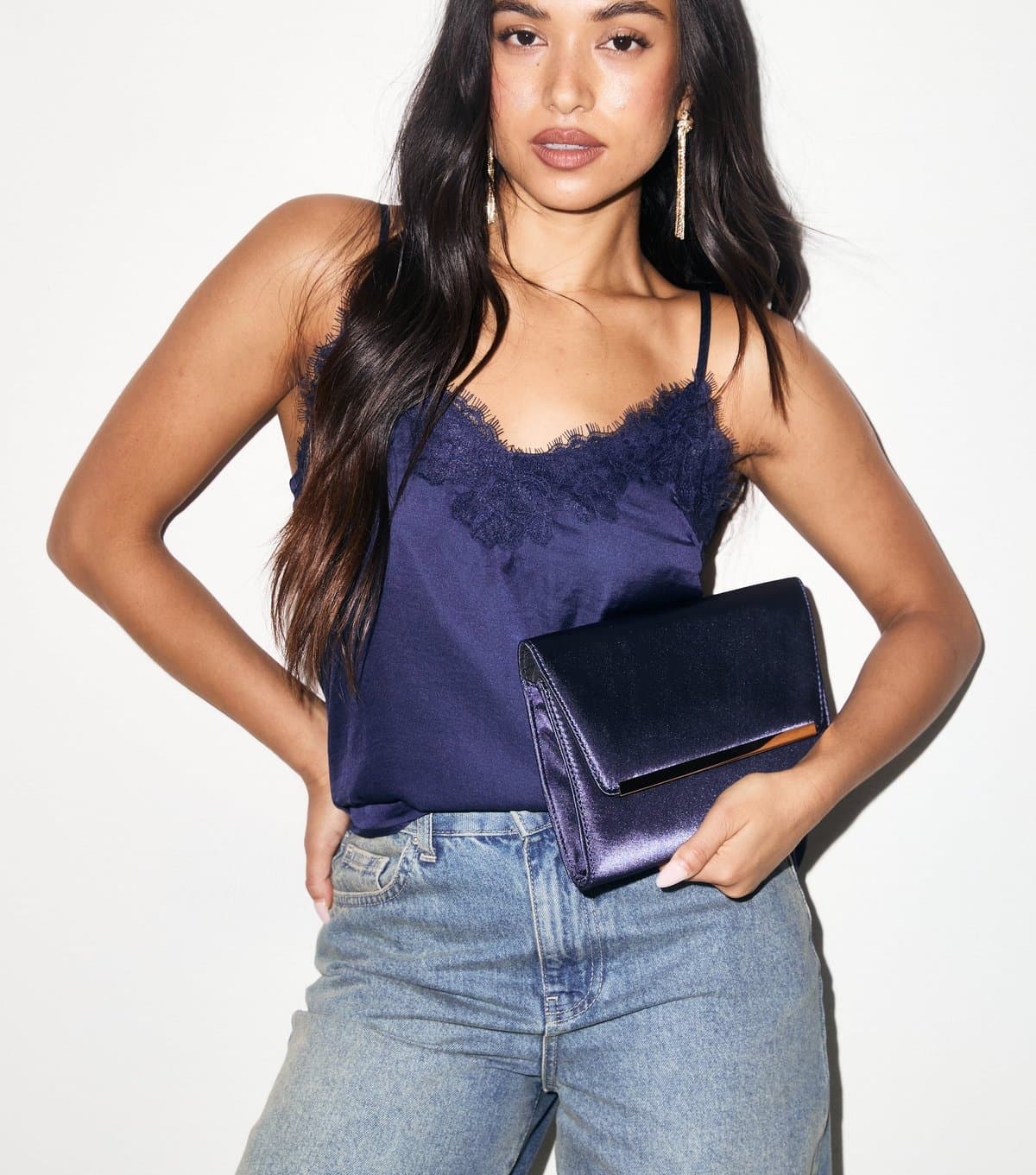 New Look Navy Satin Rectangular Bar Clutch New Look