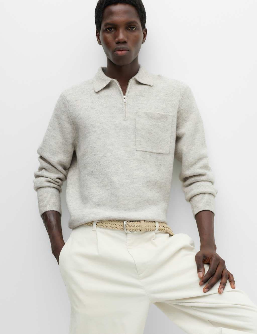 Marks & Spencer M&S Supersoft Quarter Zip Knitted Polo Shirt Mid Grey Marl