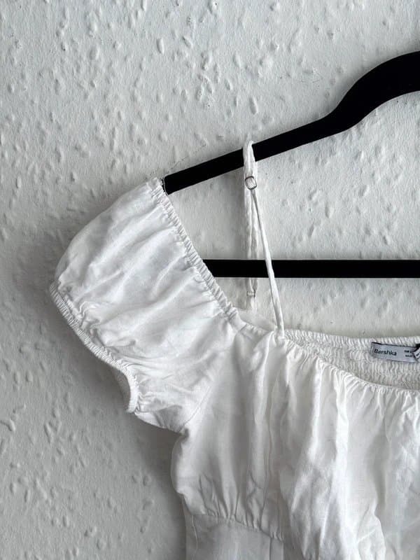 Bershka Women's Bershka Cropped Gather Corest Style Linen Blend Top  - Size L