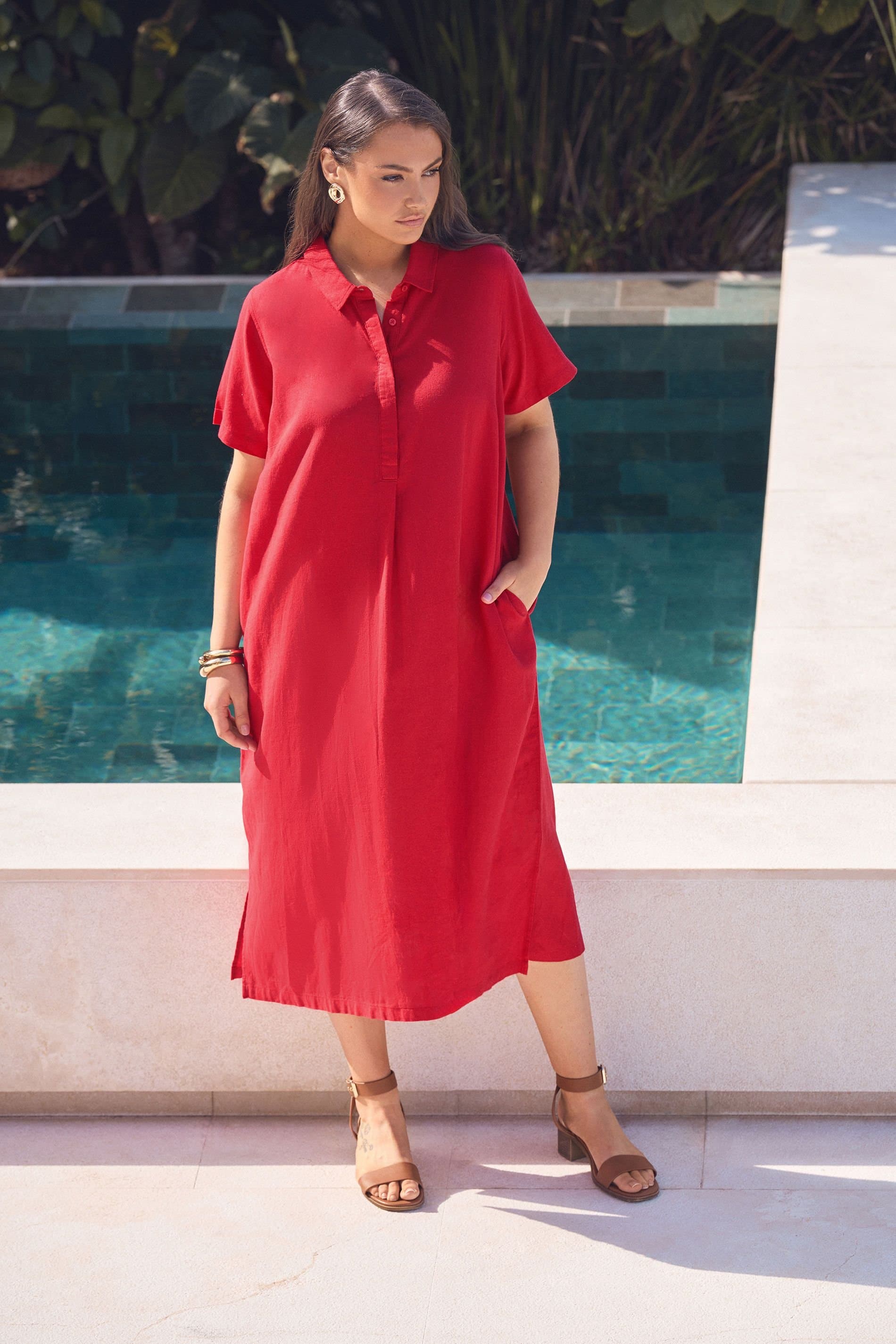 Evans Evans Women's Premium Linen Shirt Dress in Red