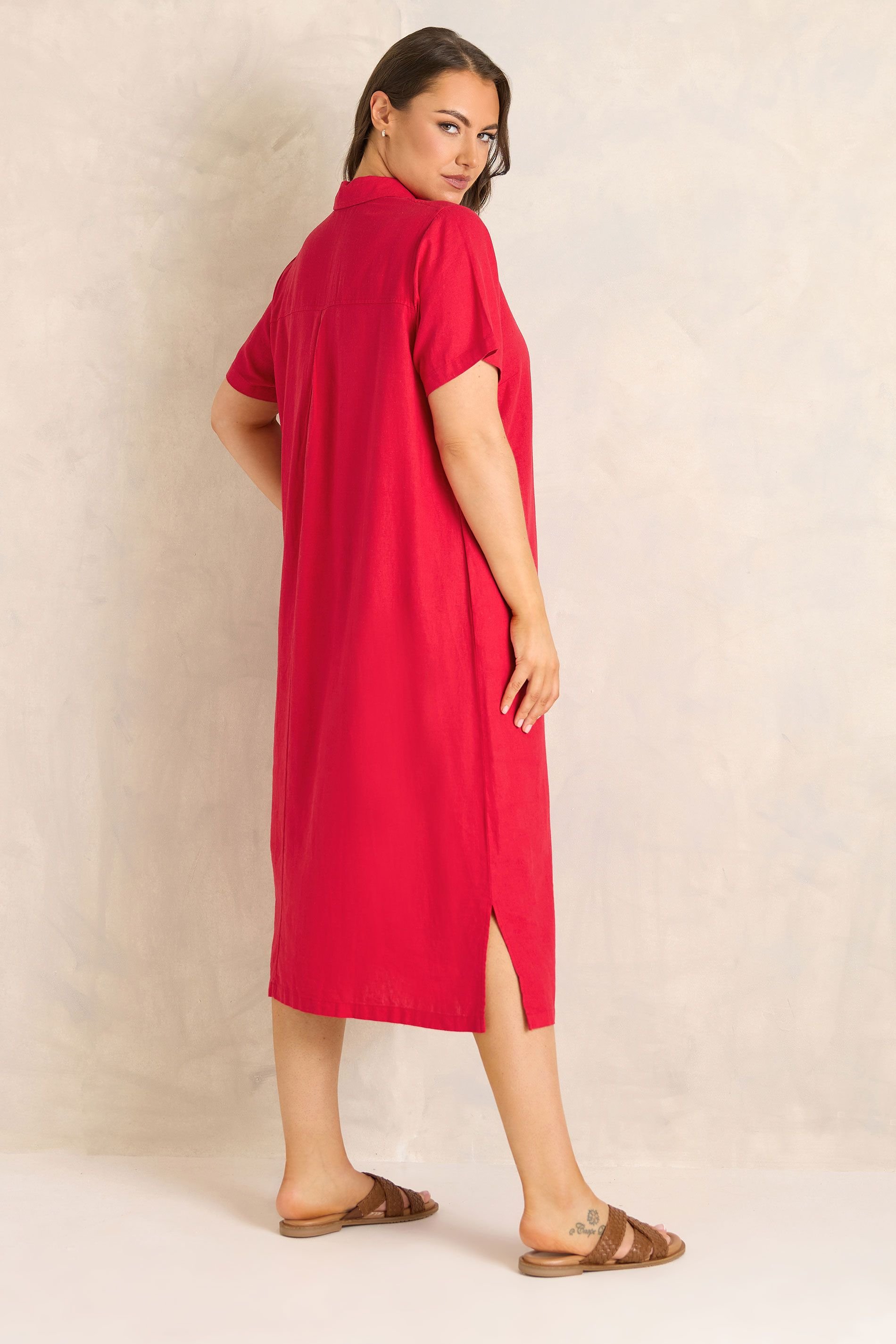 Evans Evans Women's Premium Linen Shirt Dress in Red - 3