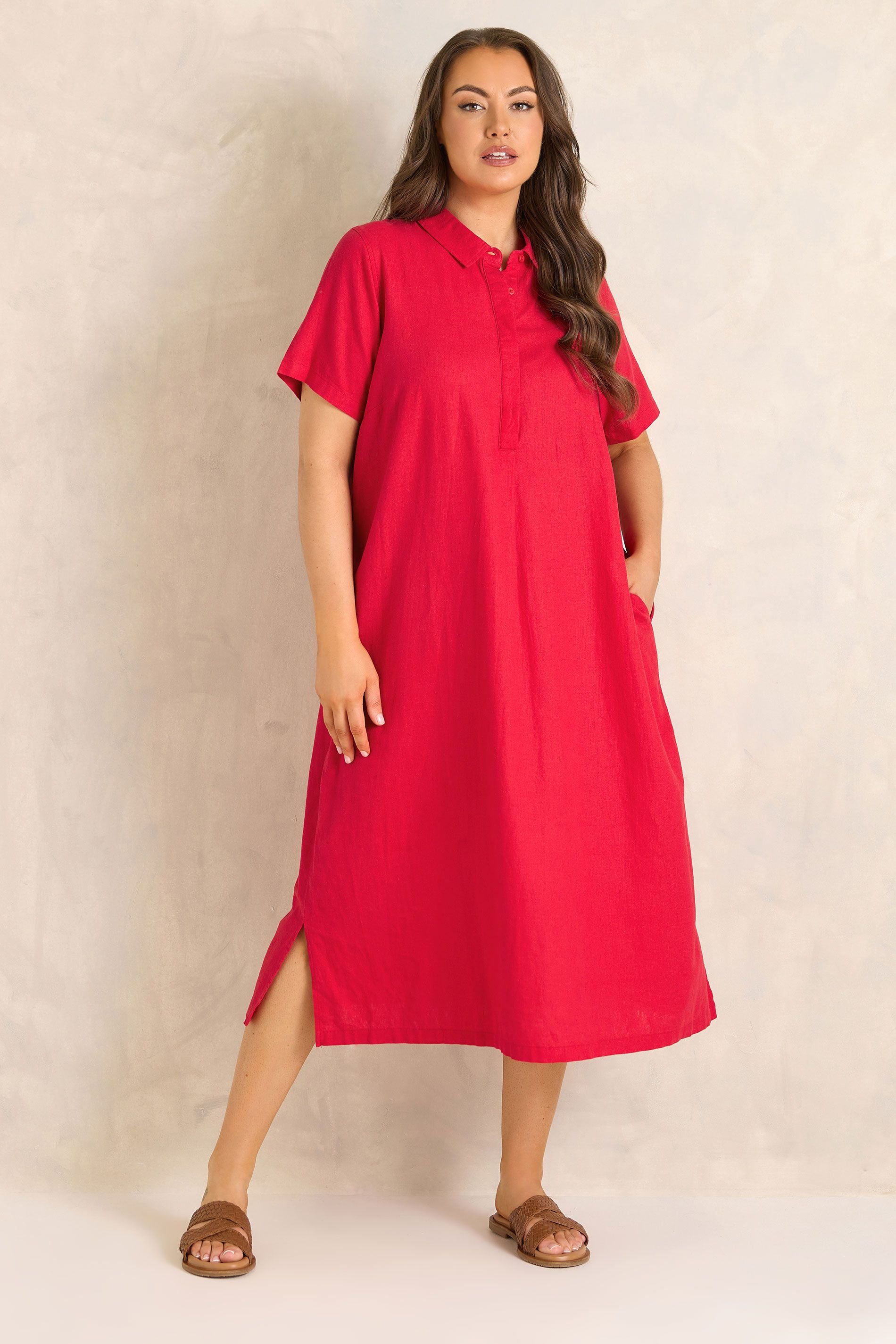 Evans Evans Women's Premium Linen Shirt Dress in Red - 4