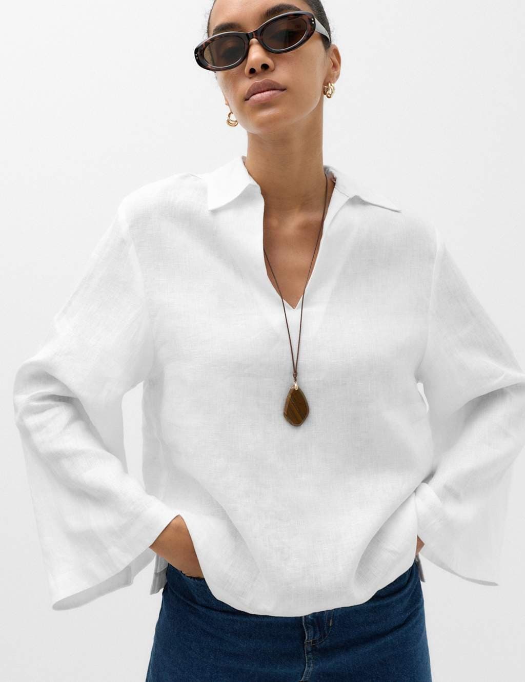 Marks & Spencer M&S Pure Linen Collared V-Neck Top White