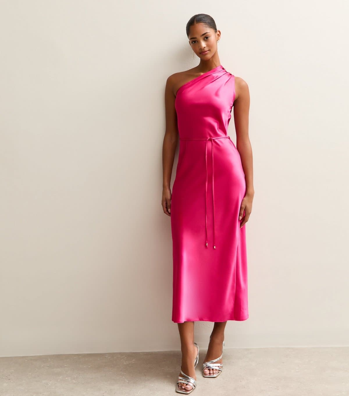 New Look Women's Bright Pink Satin One Shoulder Tie Waist Midi Dress New Look