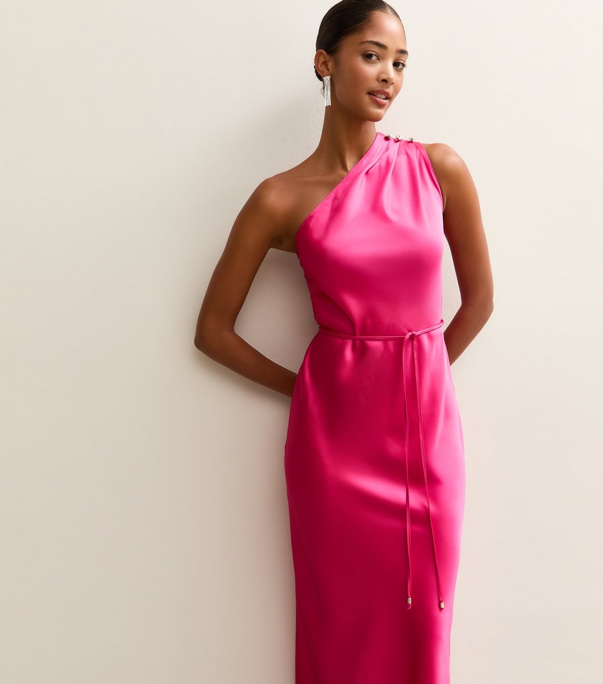 New Look Women's Bright Pink Satin One Shoulder Tie Waist Midi Dress New Look - 3