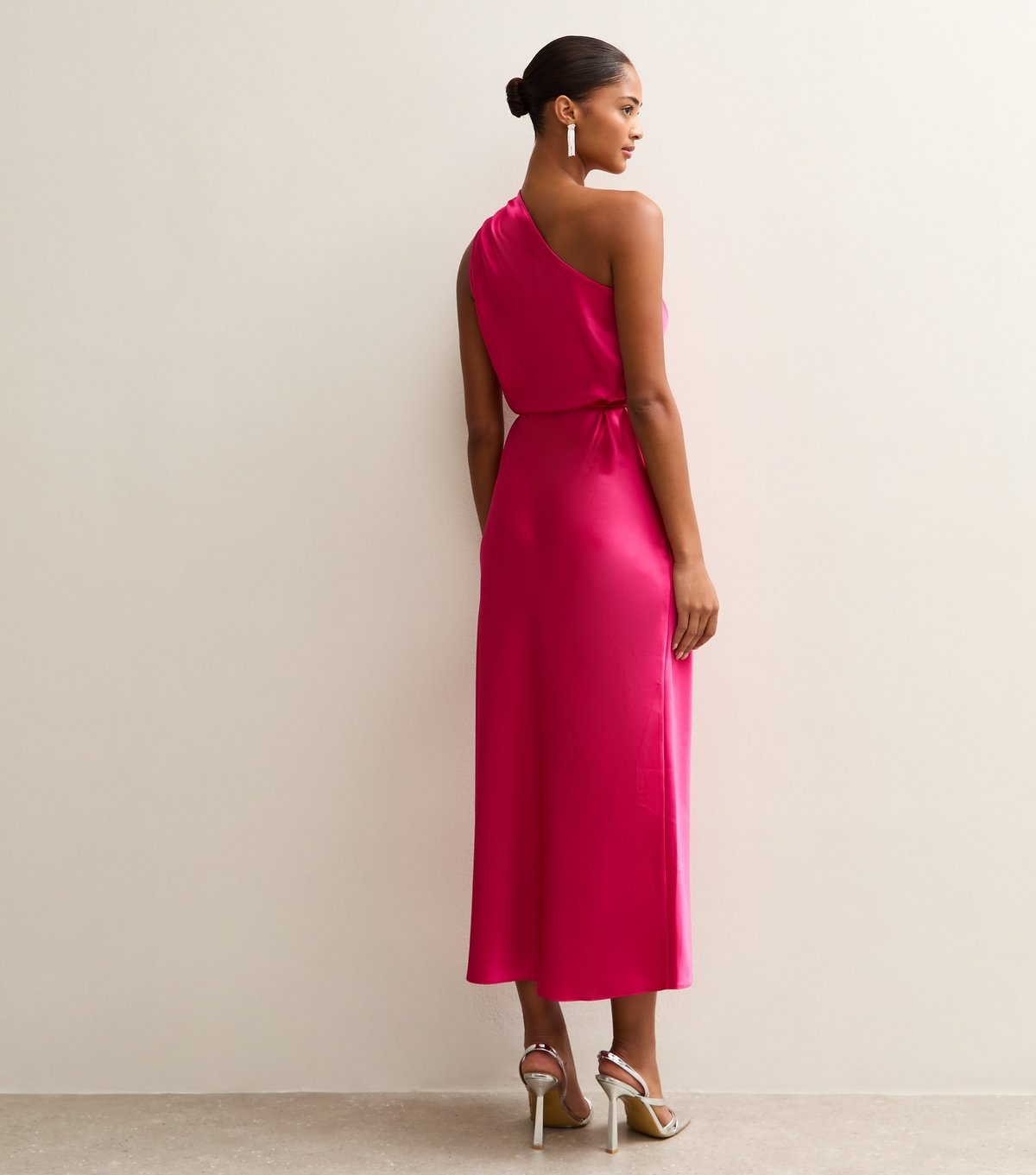 New Look Women's Bright Pink Satin One Shoulder Tie Waist Midi Dress New Look - 4