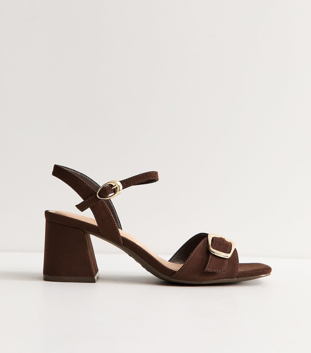 New Look Women's Dark Brown Faux Suede Front Buckle Block Heel Sandals Vegan New Look
