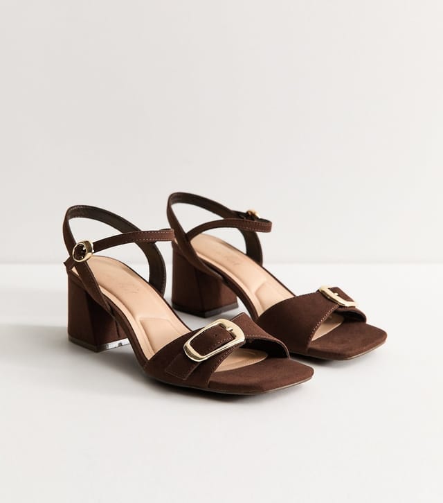 New Look Women's Dark Brown Faux Suede Front Buckle Block Heel Sandals Vegan New Look - 3