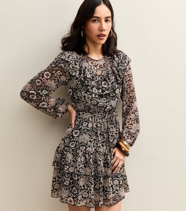 New Look Women's Black Floral Print Ruffled Long Sleeve Mini Dress New Look - 2