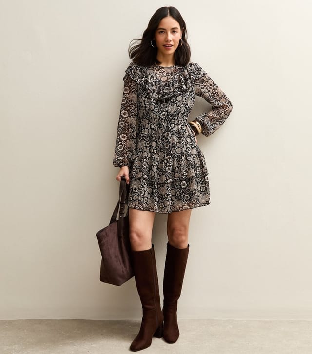 New Look Women's Black Floral Print Ruffled Long Sleeve Mini Dress New Look - 3