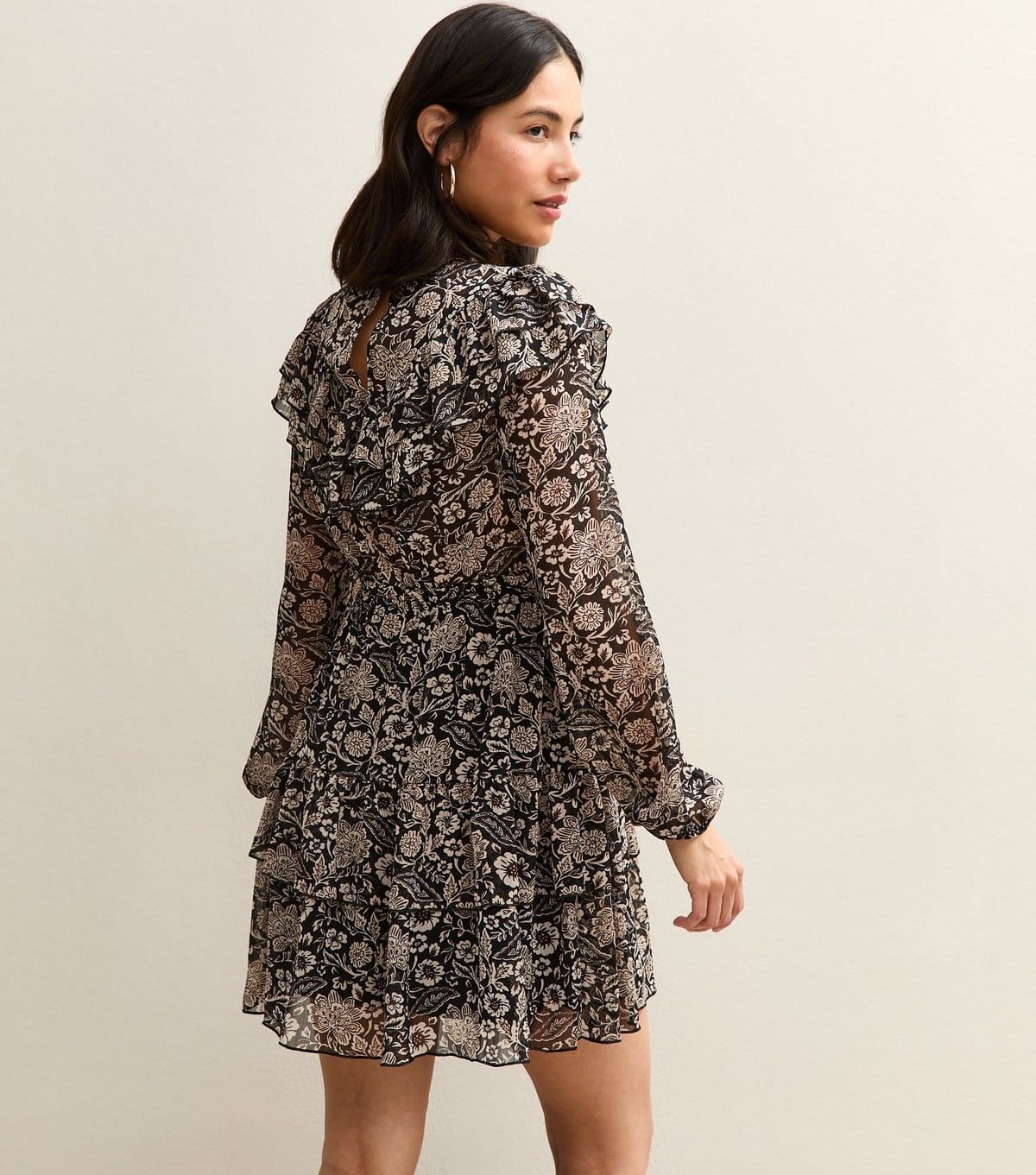 New Look Women's Black Floral Print Ruffled Long Sleeve Mini Dress New Look - 4