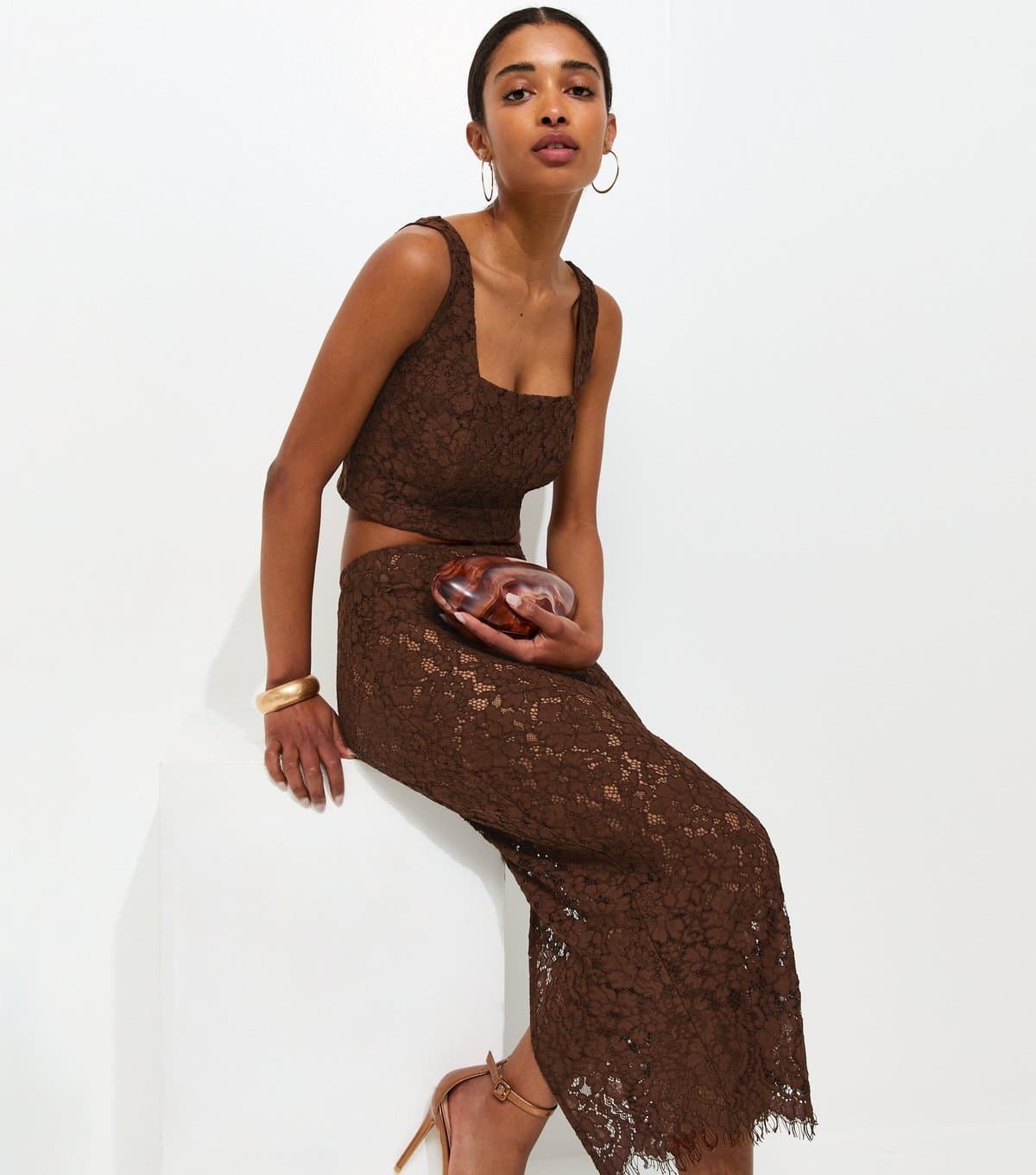 New Look Women's Brown Lace Midi Skirt New Look