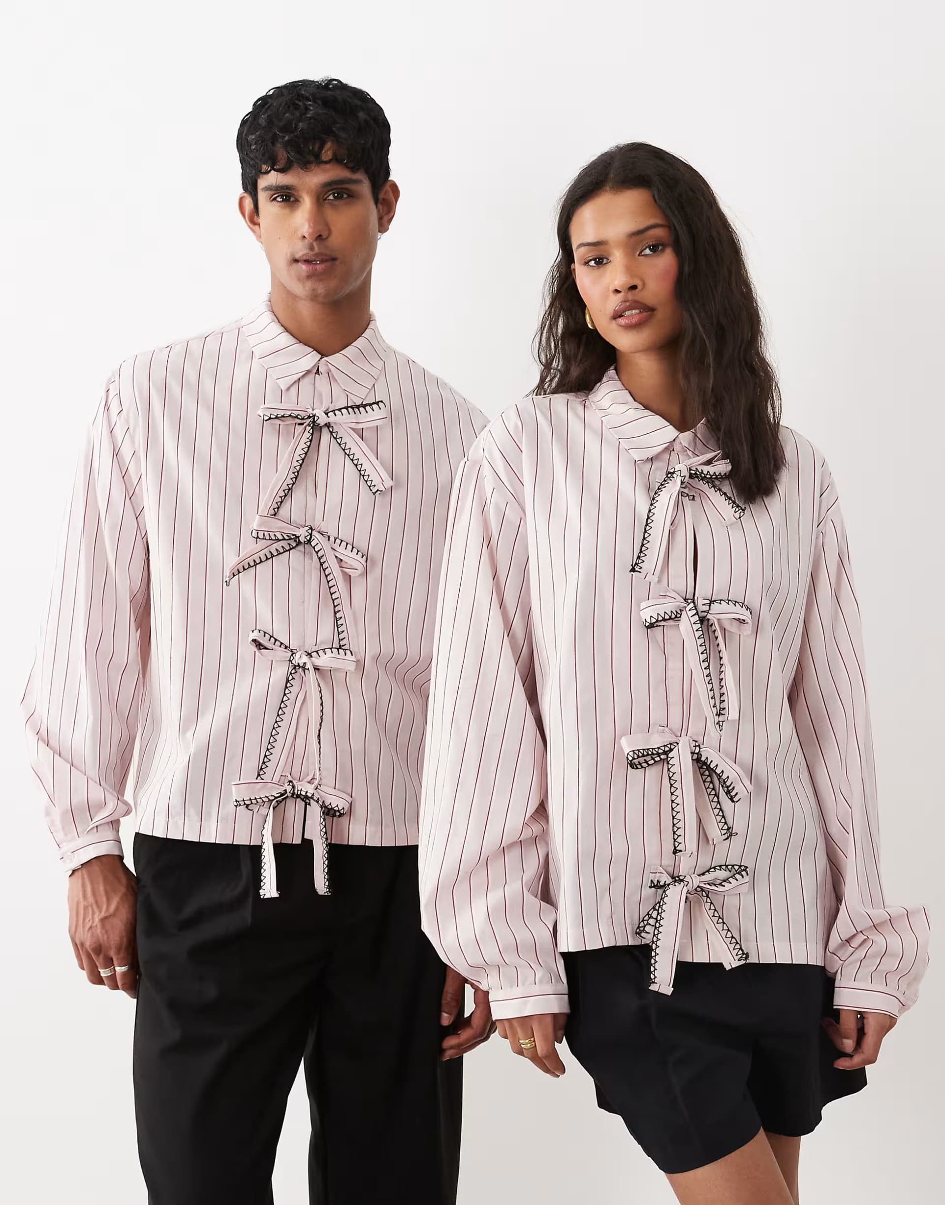 ASOS Sister Jane Henrik Unisex cotton bow detail shirt in pink stripe