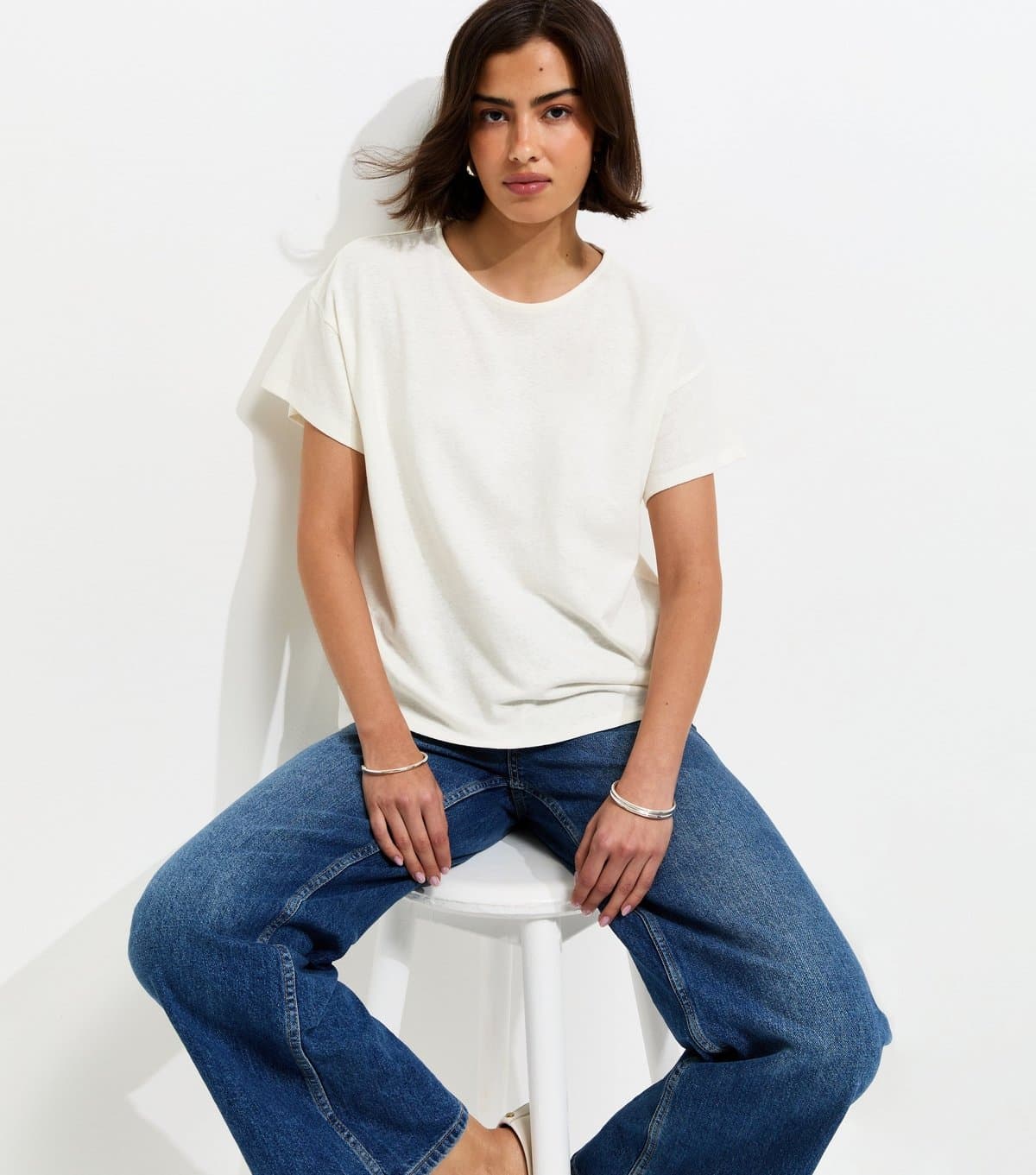 New Look Women's Premium Off White Linen Rich Dip Back T-Shirt New Look