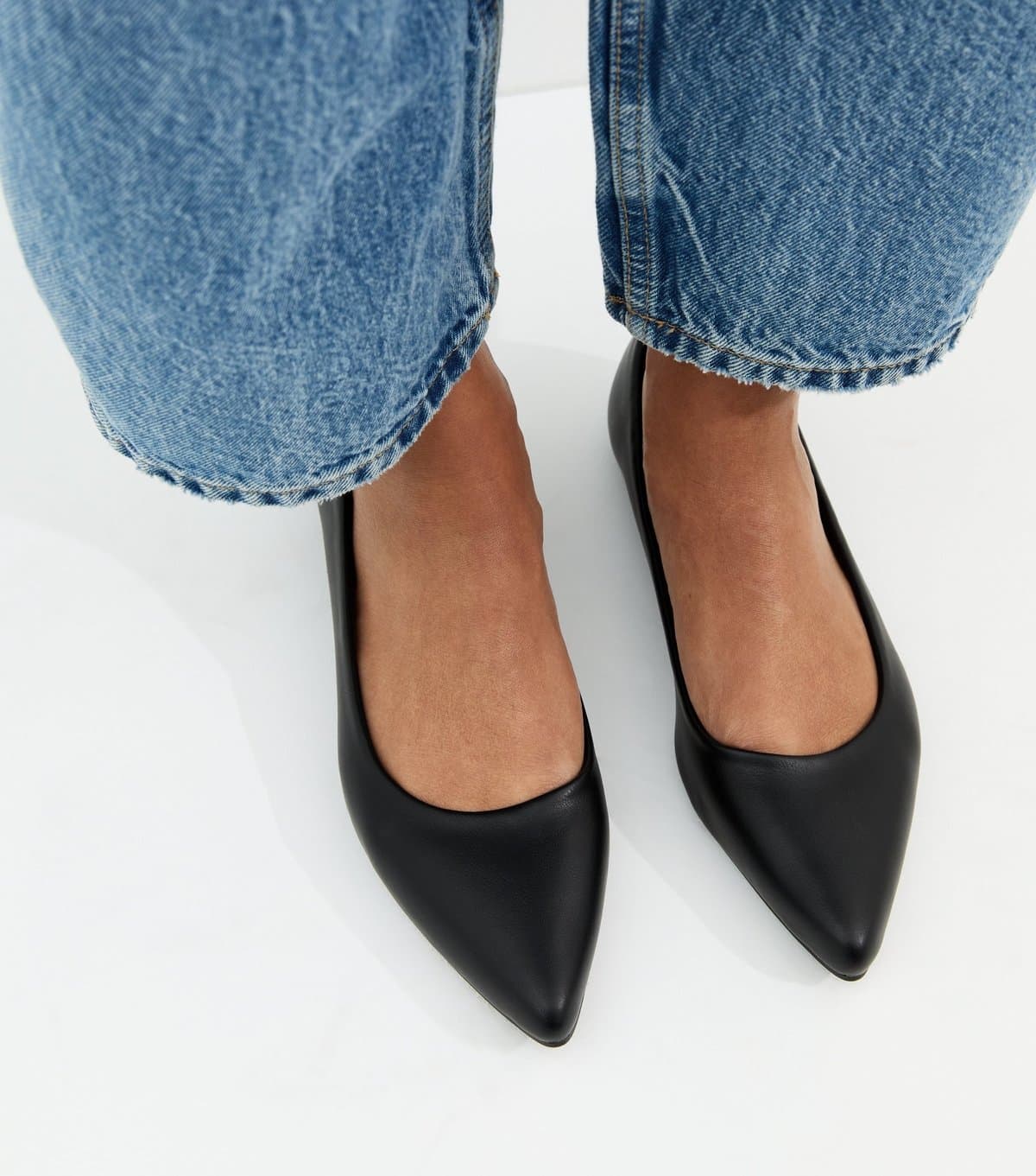 New Look Women's Black Faux Leather Pointed Ballet Flats Vegan New Look