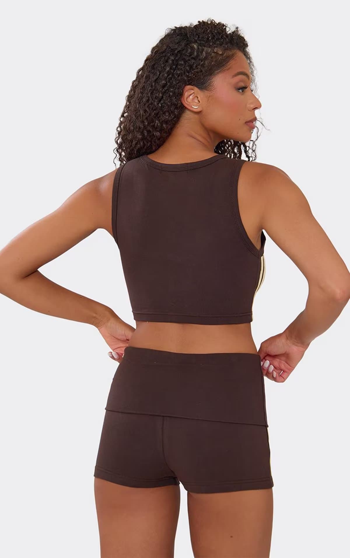 EGO Low Rise Fold Over Waist Side Stripe Mini Shorts In Chocolate Brown., Women's Size UK 6