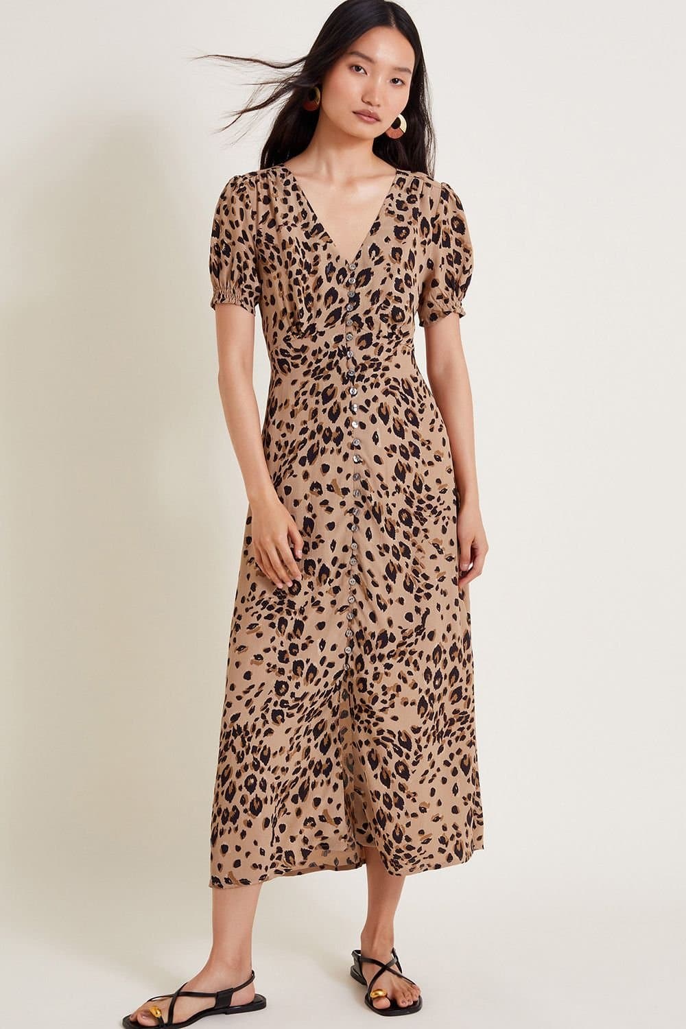 Monsoon Monsoon Women's Raife Midi Leopard Print Tea Dress Natural