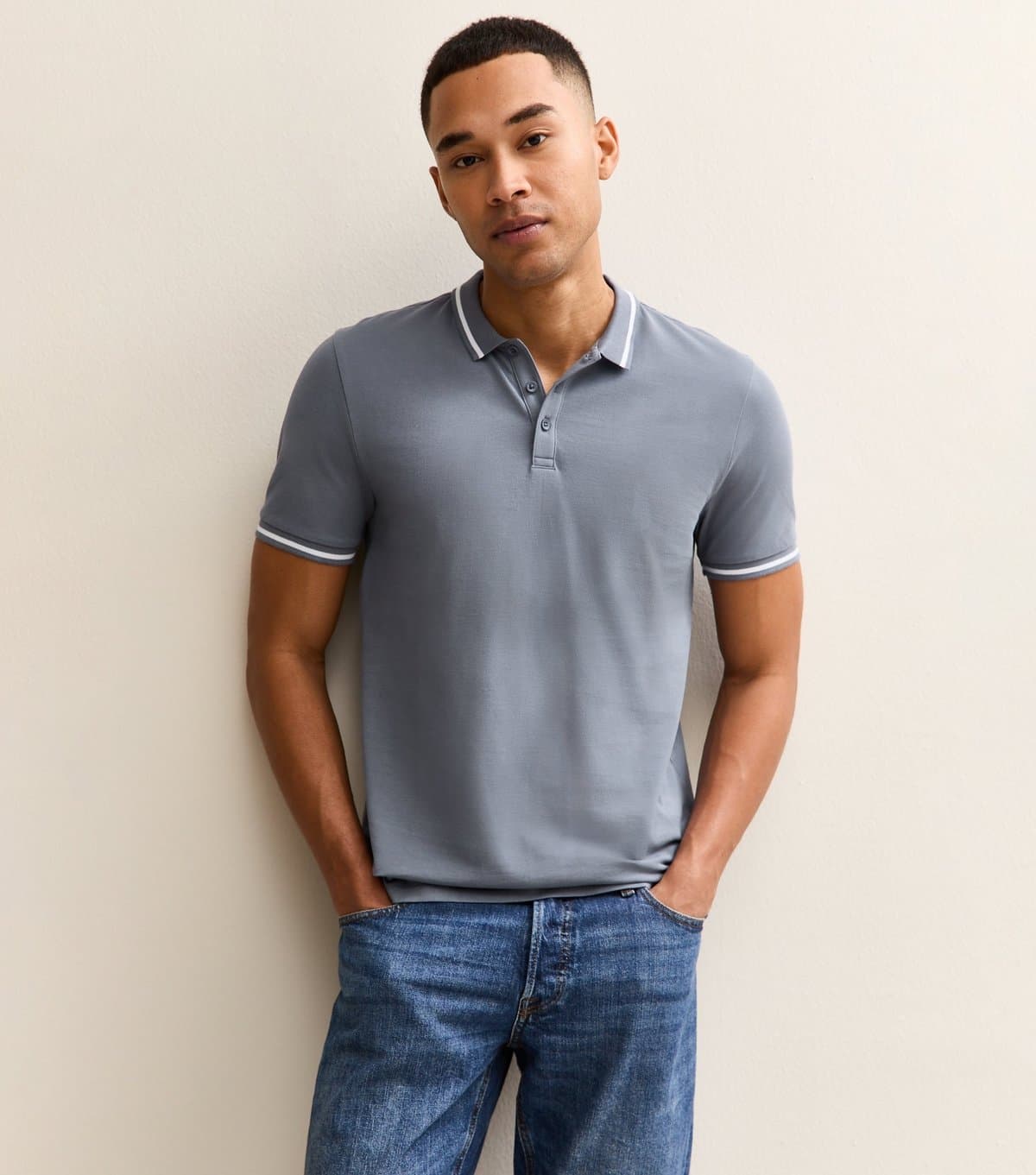 New Look Men's Light Grey Regular Pique Tipped Collar Polo Shirt New Look