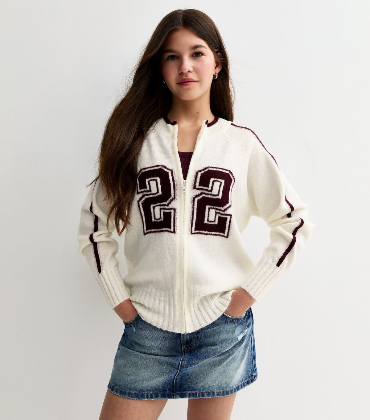 New Look Girls' Cream 22 Logo Knit Bomber Jacket New Look
