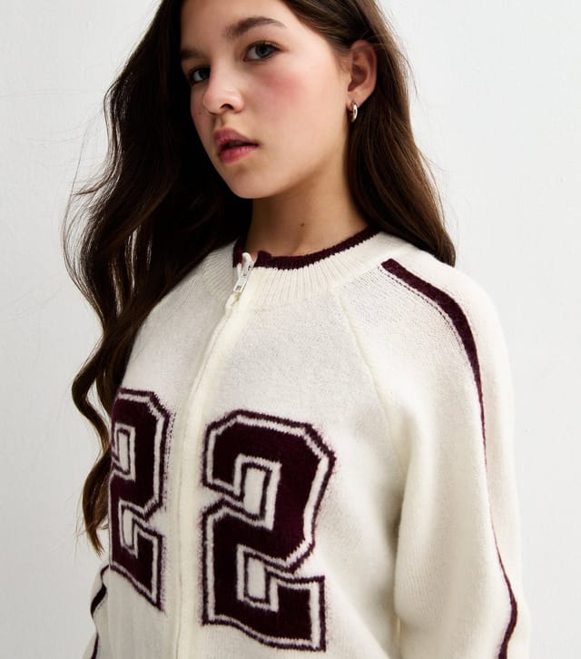 New Look Girls' Cream 22 Logo Knit Bomber Jacket New Look - 2