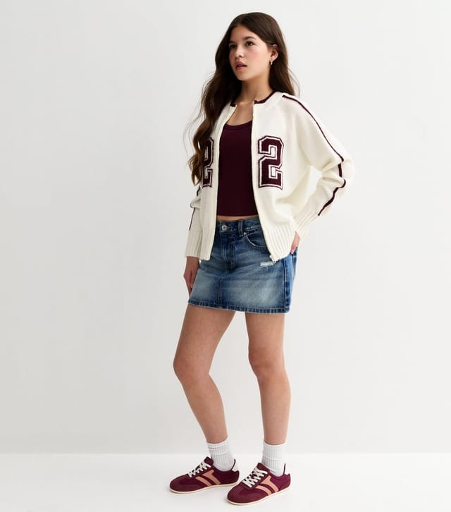 New Look Girls' Cream 22 Logo Knit Bomber Jacket New Look - 3
