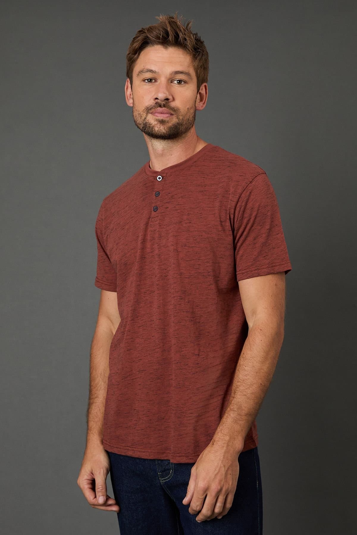 Maine Maine Men's Rust Short Sleeve Slub Grandad Neck T-Shirt in Orange