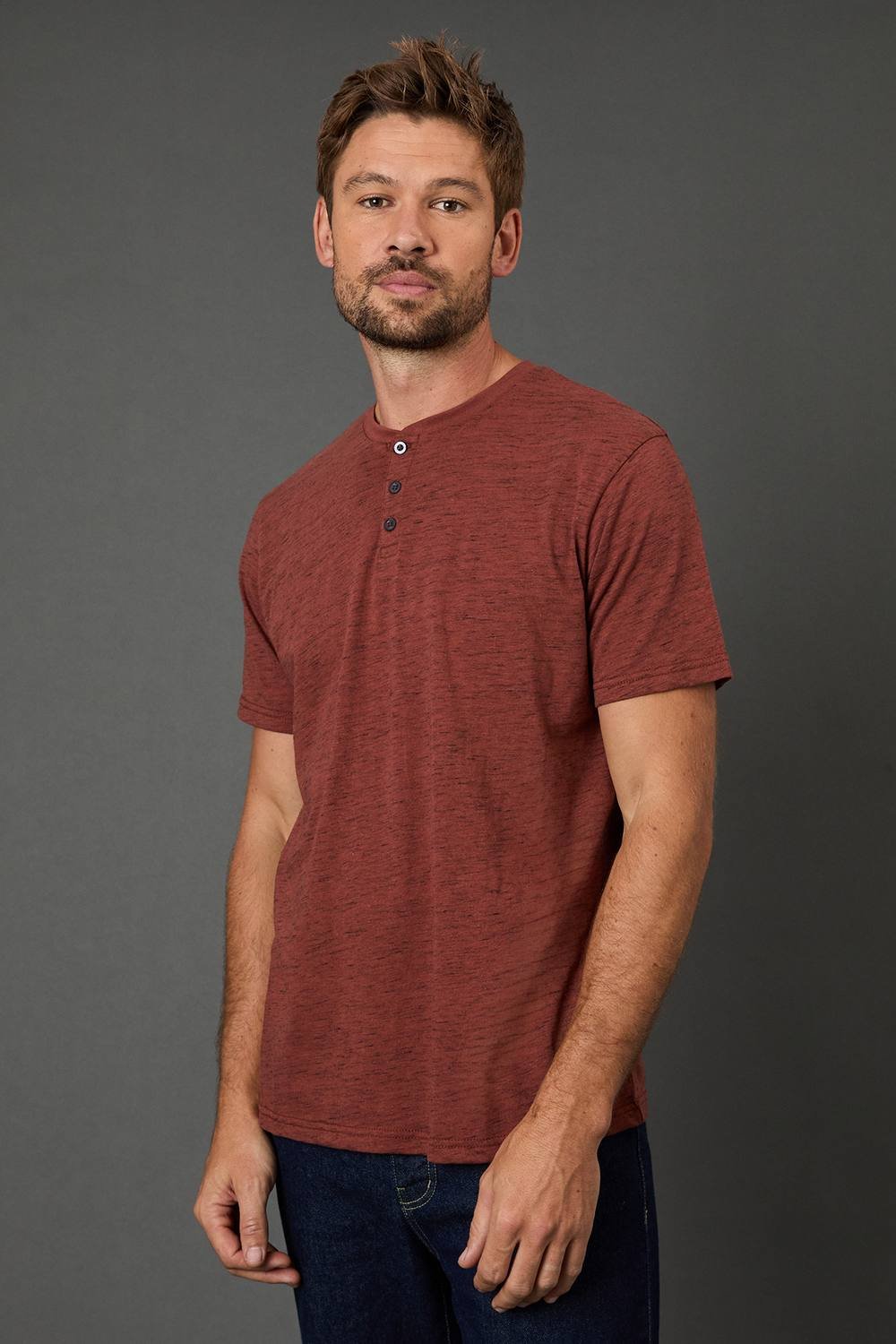 Maine Maine Men's Rust Short Sleeve Slub Grandad Neck T-Shirt in Orange - 2