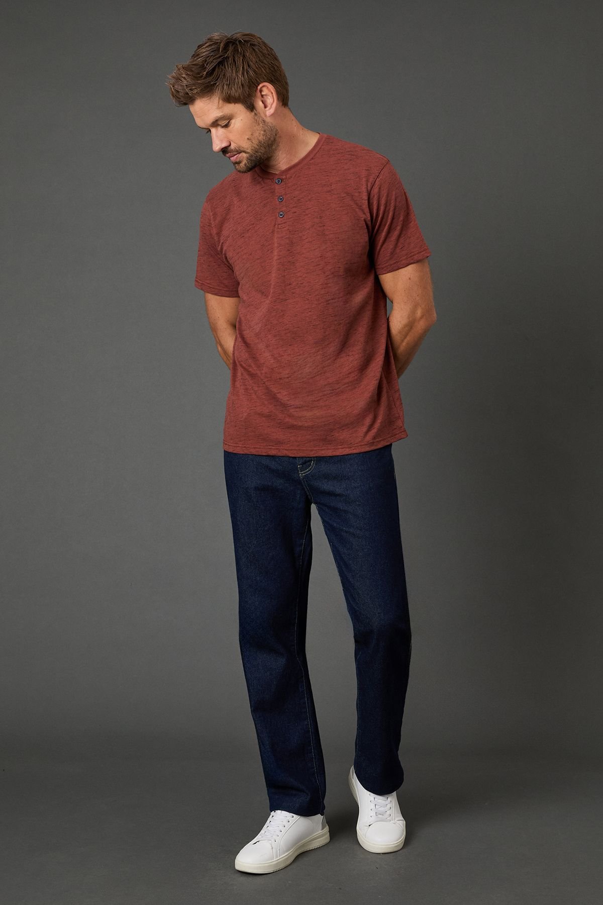 Maine Maine Men's Rust Short Sleeve Slub Grandad Neck T-Shirt in Orange - 4