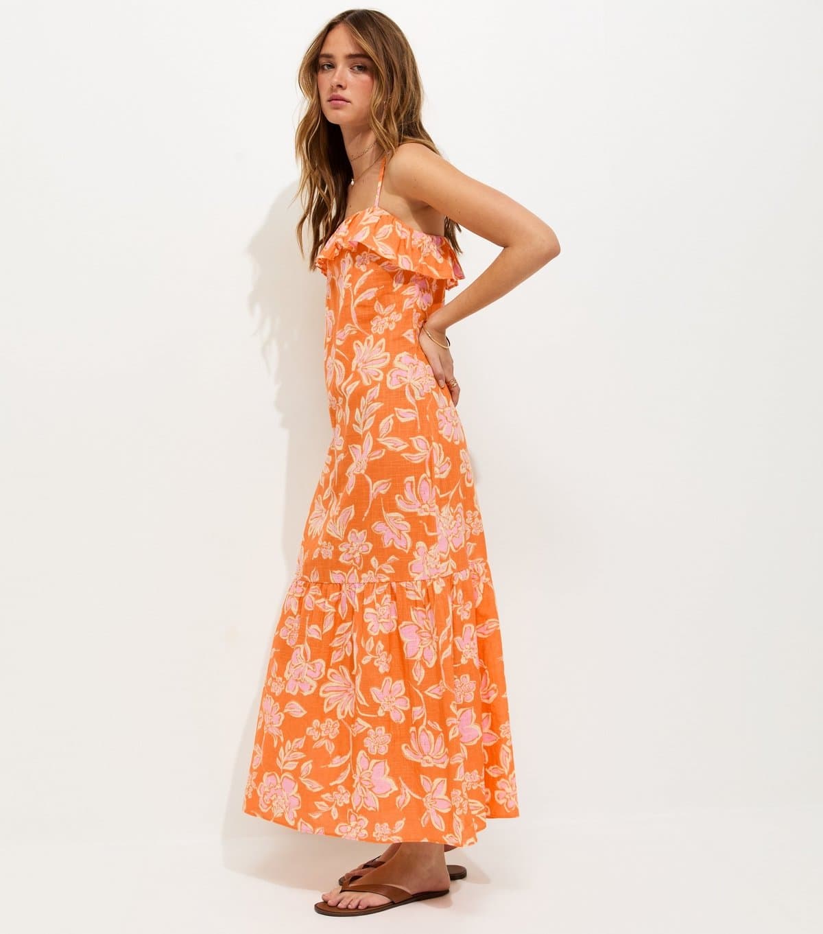 New Look Women's Orange Cotton Floral Pattern Strappy Ruffle Midi Dress New Look