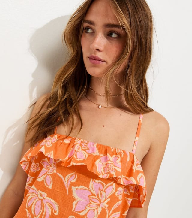 New Look Women's Orange Cotton Floral Pattern Strappy Ruffle Midi Dress New Look - 2
