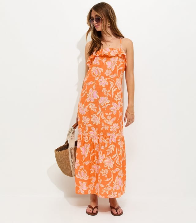 New Look Women's Orange Cotton Floral Pattern Strappy Ruffle Midi Dress New Look - 3