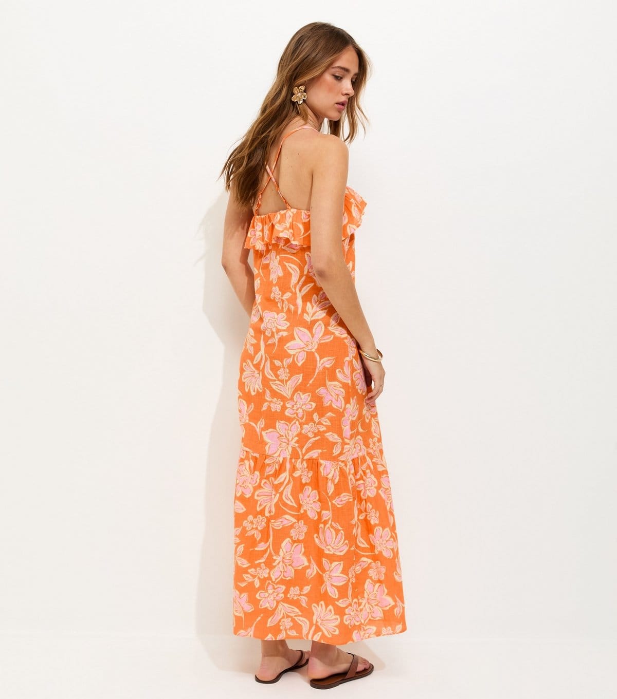 New Look Women's Orange Cotton Floral Pattern Strappy Ruffle Midi Dress New Look - 4