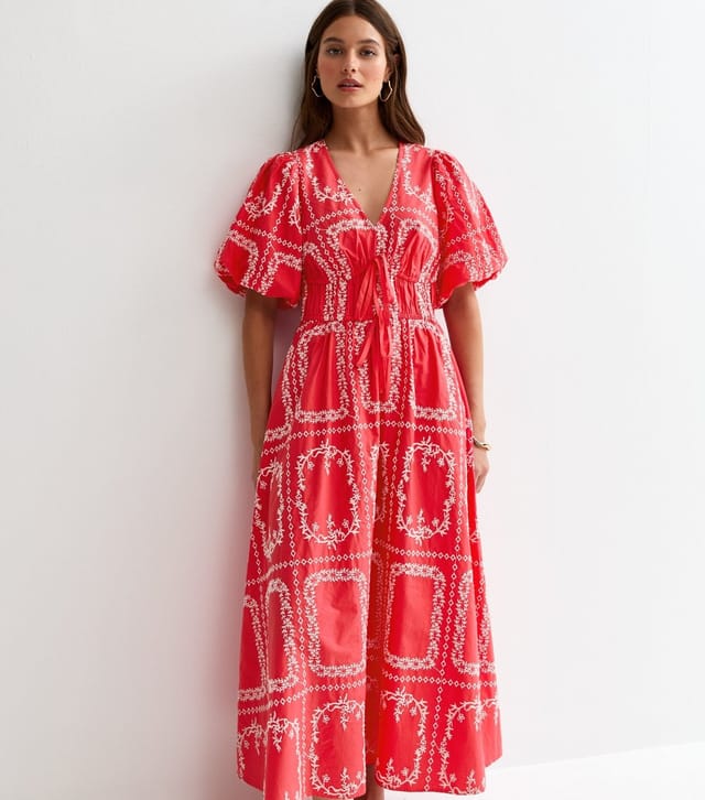 New Look Women's Pink Embroidered Puff Sleeve Midi Dress New Look - 3