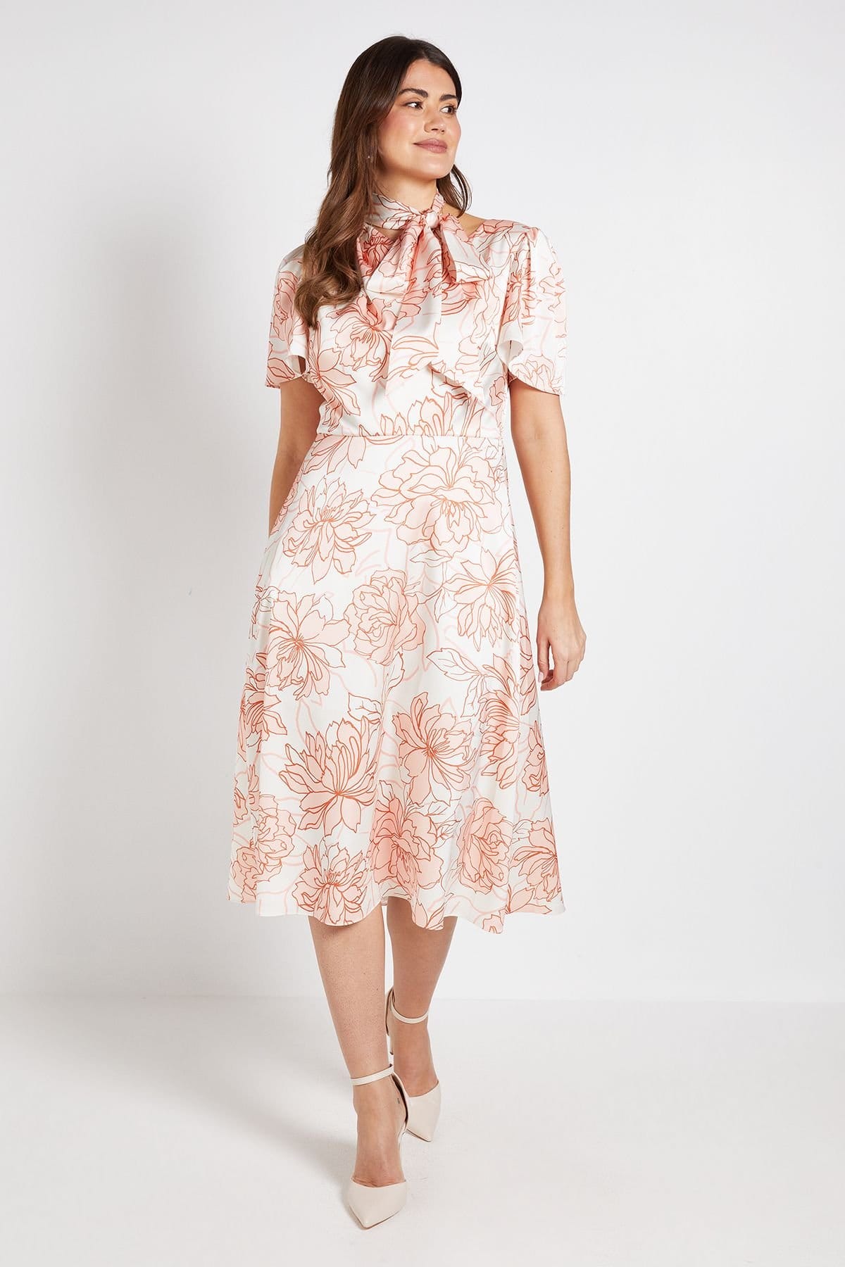 Wallis Peach Satin Floral Midi Dress