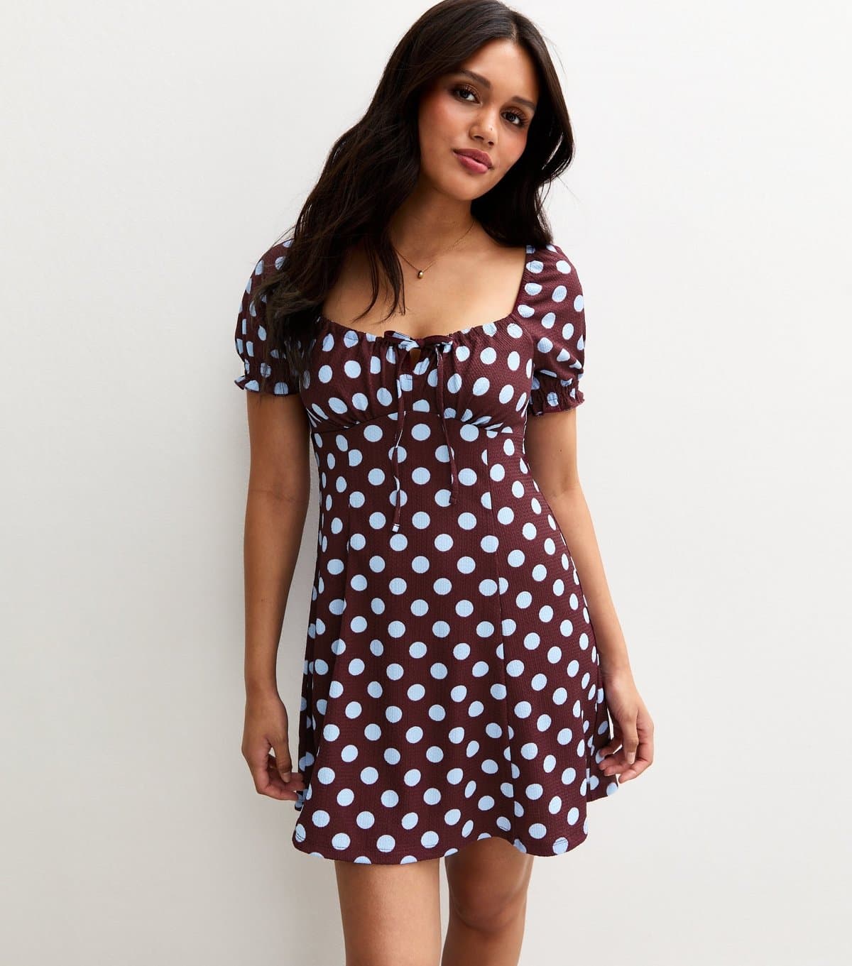 New Look Women's Red Spot Print Crinkle Texture Milkmaid Mini Dress New Look