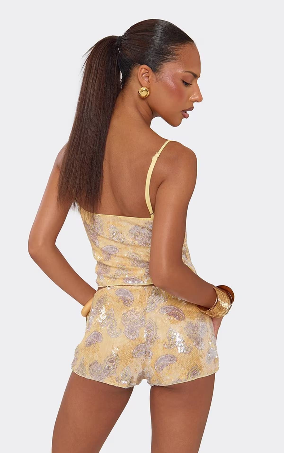 EGO Mini Shorts In Yellow Paisley Print Sequin., Women's Size UK 6