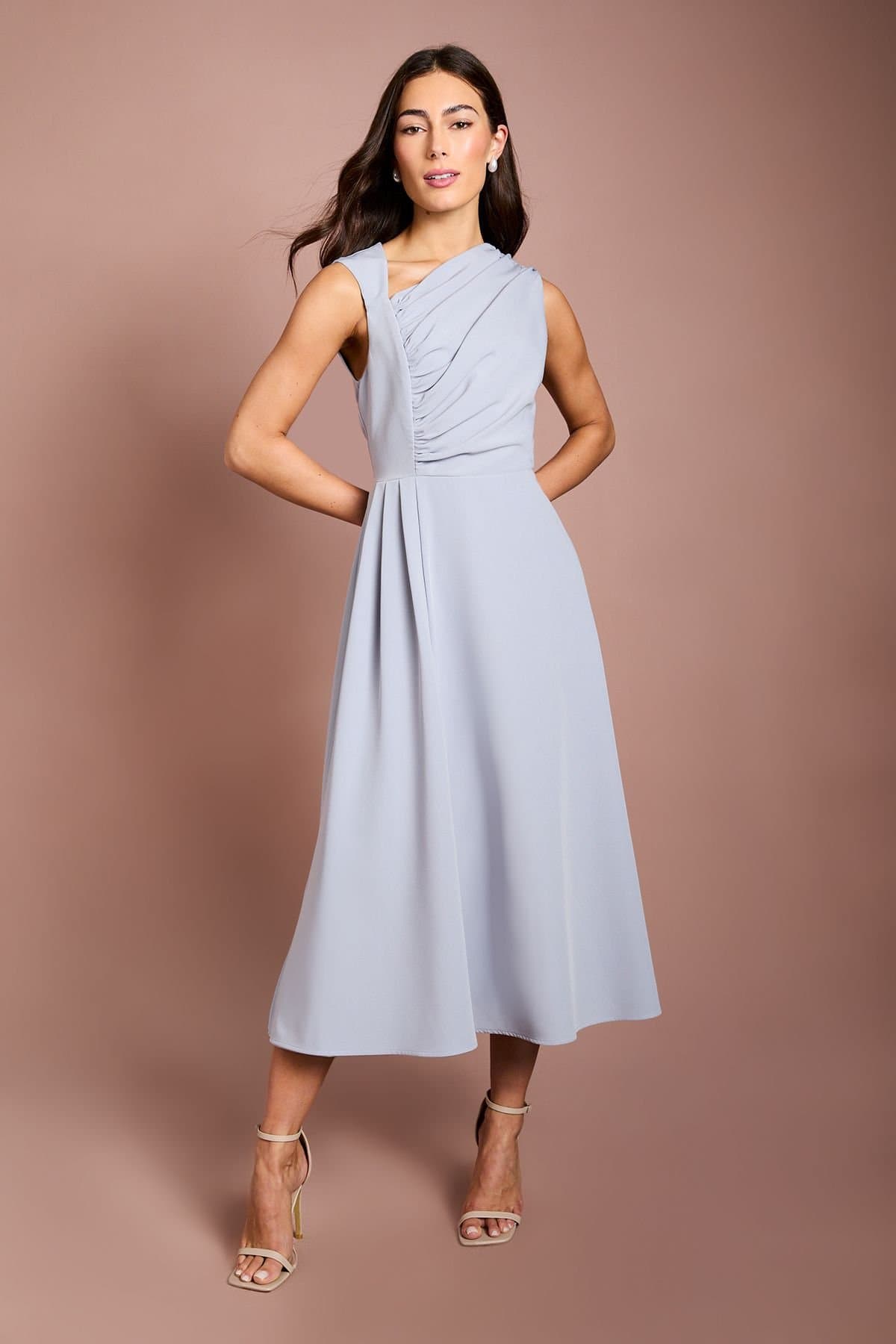 Coast Coast Women's Pleated Bodice Crepe Midi Dress in Dusty Blue