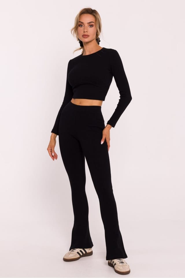 Love Lace Love Lace Women's Long Ribbed Cotton Knit Leggings with Slits in Black - 2