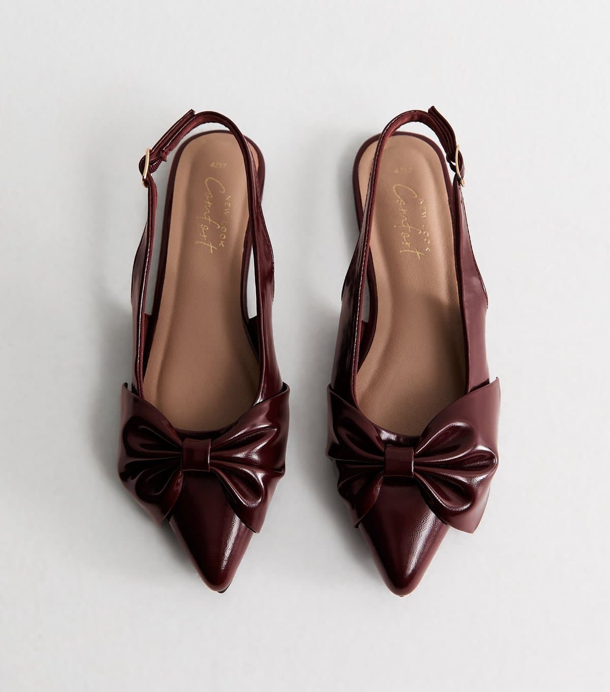 New Look Women's Dark Burgundy Faux Leather Bow Slingback Flats Vegan New Look