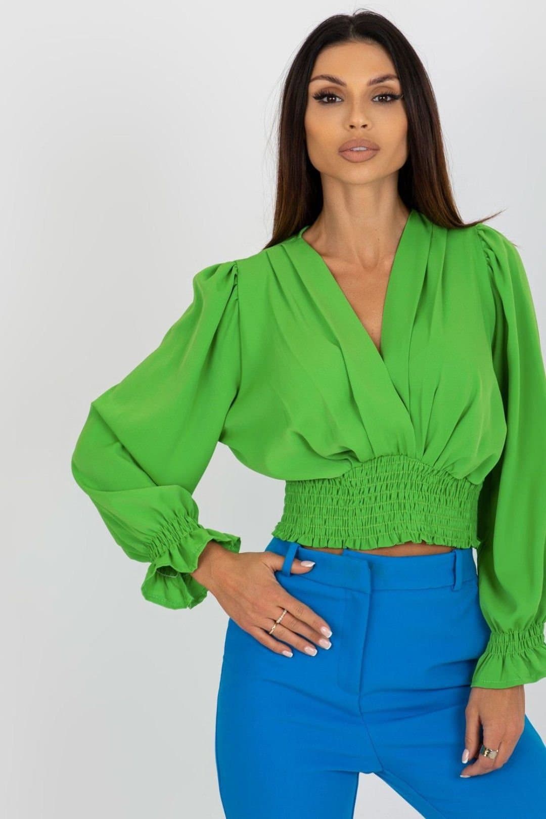 Love Lace Love Lace Women's Envelope Neck Long Sleeve Blouse Wide Elastic Hem in Green