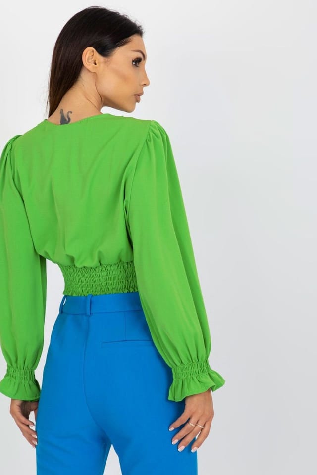 Love Lace Love Lace Women's Envelope Neck Long Sleeve Blouse Wide Elastic Hem in Green - 3