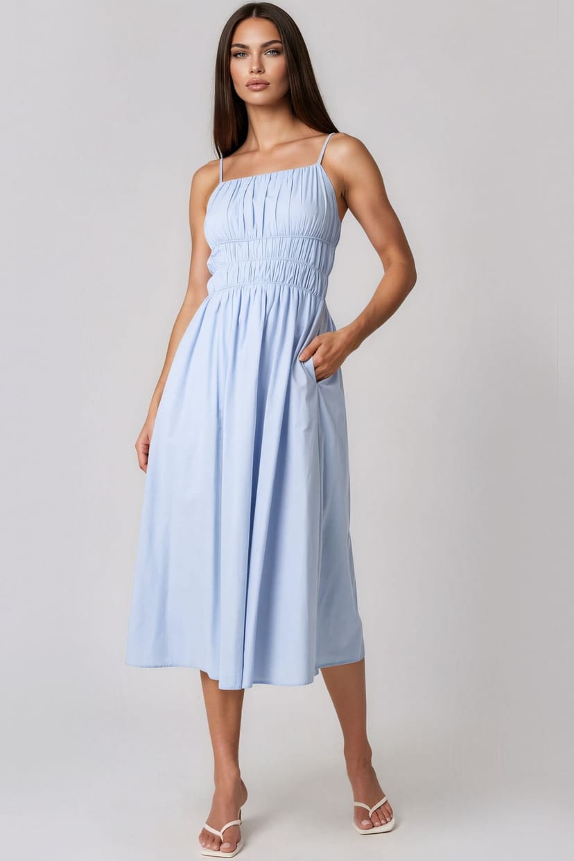 Aftershock London Aftershock London Women's Ruched Strappy Cotton Midi Dress in Blue - 1