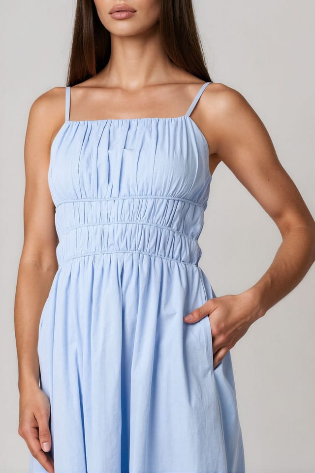 Aftershock London Aftershock London Women's Ruched Strappy Cotton Midi Dress in Blue - 2
