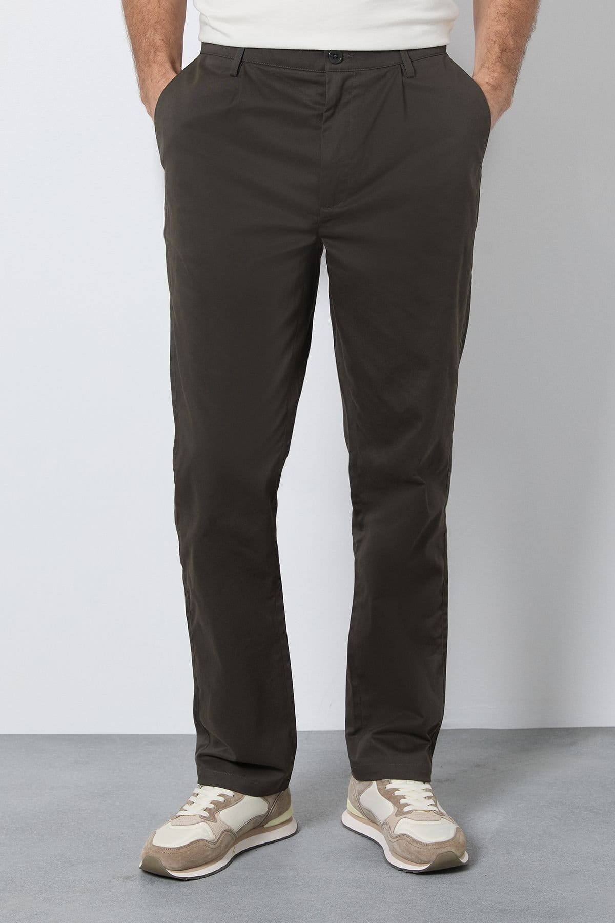 Burton Men's Dark Khaki Pleat Front Straight Fit Chino
