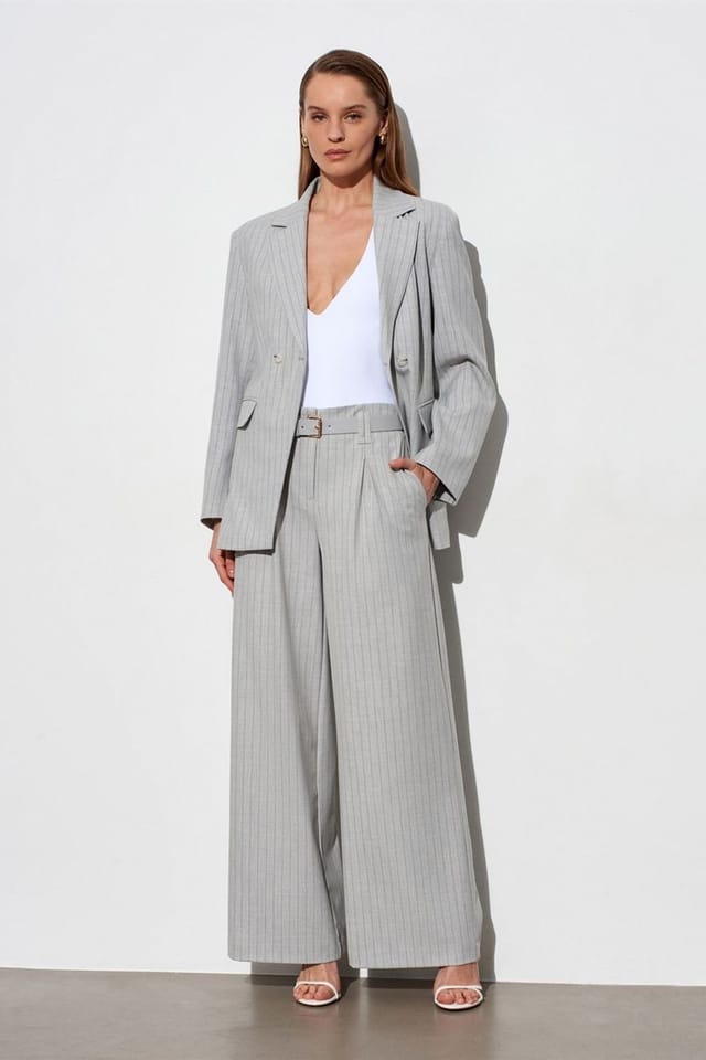 Dilvin Dilvin Women's Striped Wide-Leg Pleated Trousers in Light Grey - 3
