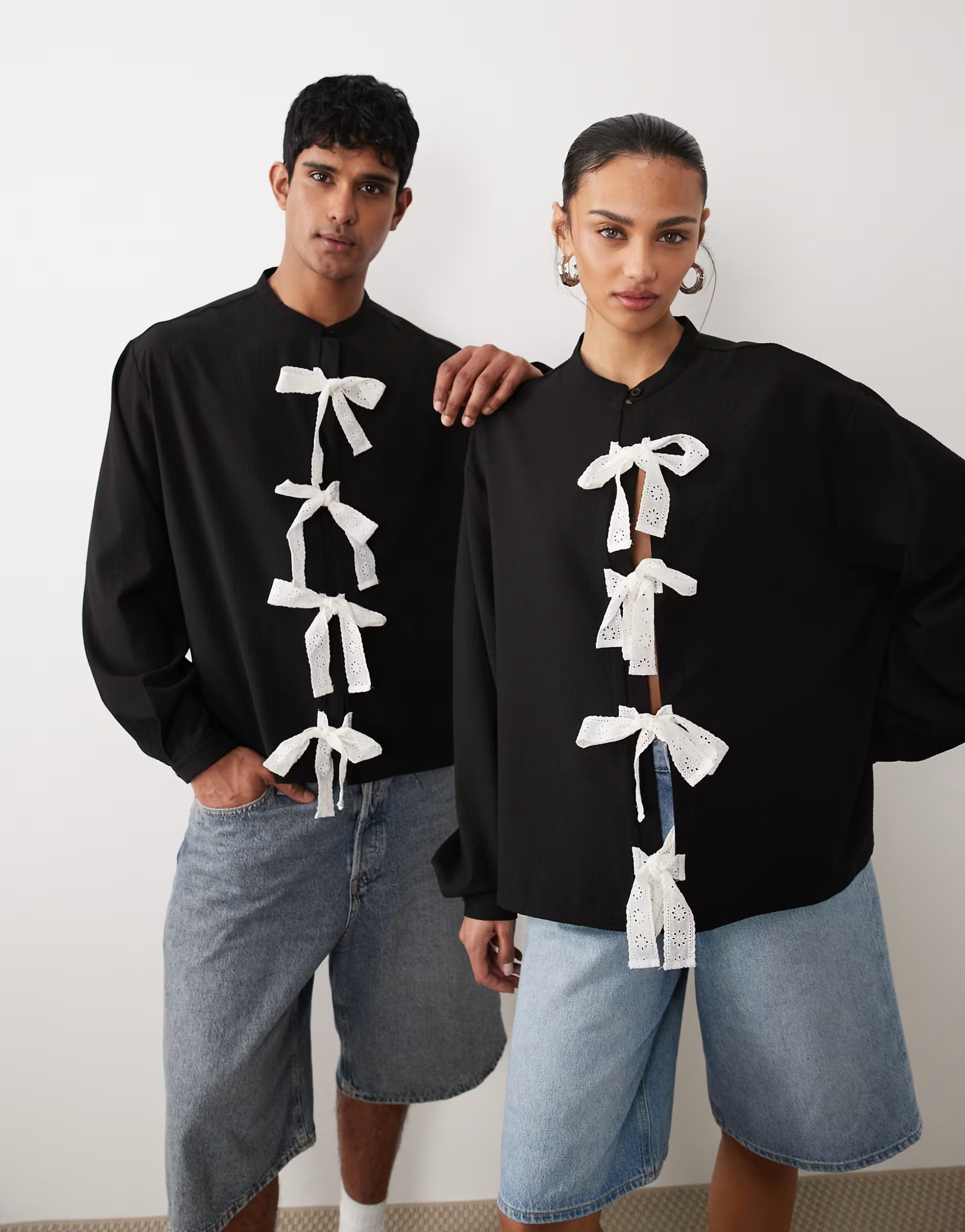 ASOS Sister Jane Unisex bow detail long sleeve shirt in black - 1